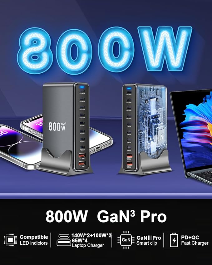 800W USB C Fast Charger Block, 10 Port USB Charging Station, GaN Ⅲ Pro Dual 140W PD PPS Port for Multiple Devices,Laptop Wall Charger Compatible with DELL, HP, MacBook Pro,iPhone 16,Galaxy S24