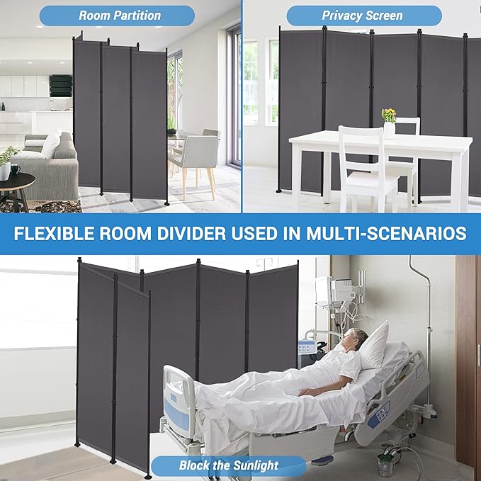 MAYOLIAH 6 Panel Room Dividers Folding Privacy Screen, 10ft Wide 6ft Tall Partition Office Walls Separator with Small Base, Grey