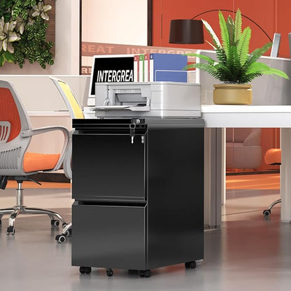INTERGREAT Mobile File Cabinet with Lock,Under Desk Rolling Metal Filing Cabinet for Home Office, Black 2 Drawer File Cabinets with Wheels for Legal/Letter/A4 File