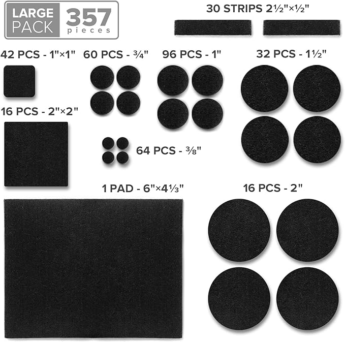 X-Protector 357 Pcs Black Felt Furniture Pads - Huge Quantity of Anti-Scratch, Heavy Duty Floor Protectors for Hardwood, Tile, Laminate - Suitable for Chairs, Tables, Sofa, Bed, Cabinet, Ottoman