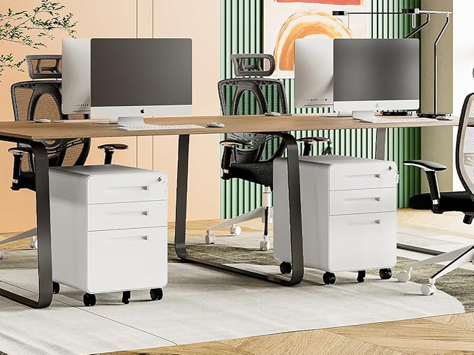 MIIIKO Mobile Filing Cabinet 3 Drawer, White Small File Cabinet with Lock Under Desk, Filing Cabinets for Home Office with Wheels, A4/Letter/Legal Hanging File Folders