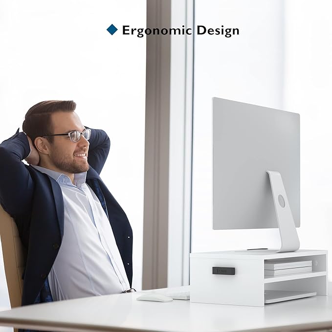 BONTEC Wooden Monitor Stand Riser, 2-Tier Desk Shelf with Storage Organizer, Ergonomic Computer Stand with Cable Management, Cellphone Holder, White, 16.5 Inch
