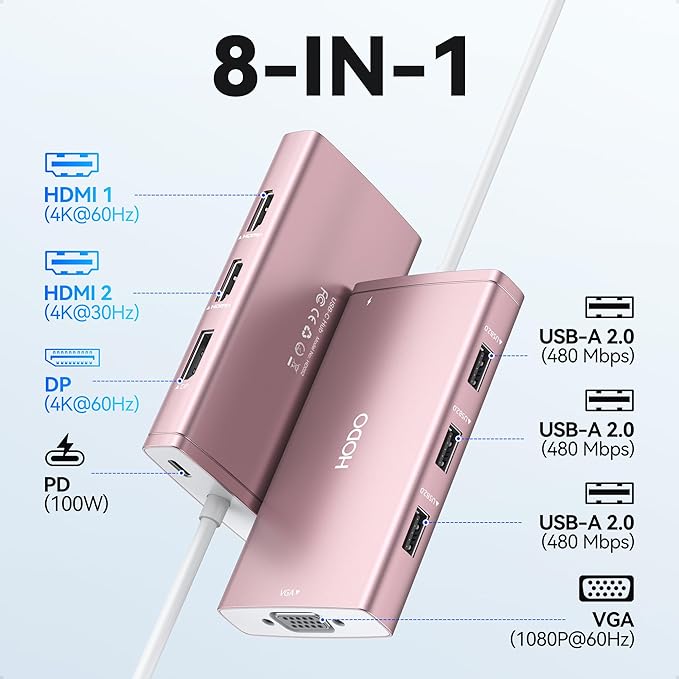 USB C Docking Station Dual Monitor Adapter for Dell HP, Laptop Docking Station 3 Monitors Quadruple Display USB C Hub Dongle to 4K HDMI+DisplayPort+VGA,3 USB2.0,100W PD, 8 in 1 Thunderbolt Dock