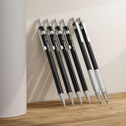 Nicpro 33PCS Black Metal Mechanical Pencil Set in Leather Case, Art Drafting Pencil 0.3, 0.5, 0.7, 0.9 mm, 2mm Lead Holders for Sketching Drawing With 18 Tube (6B 4B 2B HB 2H 4H Colors) Lead Refills