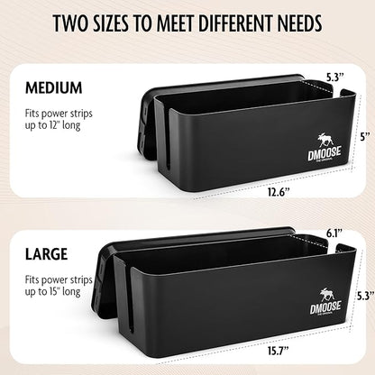 DMoose Cable Management Box - 2 Pack Medium & Large Cord Organizer for Desk & Floor, Cable Organizer Box for Child & Pet - Cable Box Hider for Tidy Office & Home, Power Strip Cover (Black - Pack of 2)