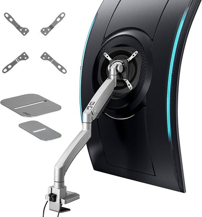 AVLT Single 17"-57" Super Ultrawide Monitor Arm for Screens Up to 59.5 lbs, Premium Aluminum Desk Stand, Adjustable Pneumatic Height, Full Motion Swivel Tilt Rotation, USB-C & USB-A Ports, Gray