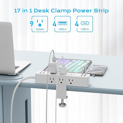 Flat Plug Desk Clamp Power Strip 10FT, 40W Total Fast Charging Station, 2 PD20W USB C Ports, Desk Edge Mount Power Strip 9 AC Outlets 8 USB Ports Surge Protector, Fit 1.7" Tabletop Edge, White