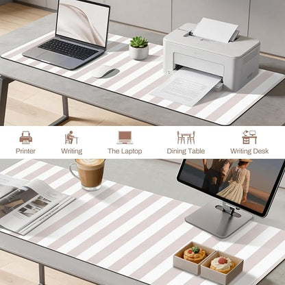 Beige Desk Mat Cute Kawaii PU Leather XXL Large Mouse Pad Striped Pastel Desk Pad Mat Laptop Computer Keyboard and Mouse Mat Home Office Decor for Women Girls