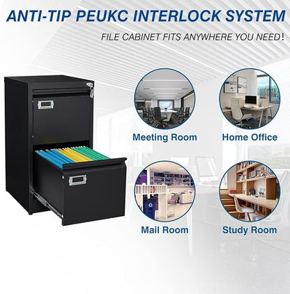 PEUKC 2-Drawer File Cabinet, 16.3" Deep Vertical Metal Filing Cabinet with Lock for Home Office, Anti-Tip 2 Storage Drawers for Letter/Legal/A4/F4 Size (Assemble Required, Black)
