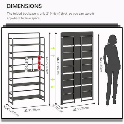 4NM No Assembly Extra Wide 5 Tiers Folding Bookshelf Storage Shelves Vintage Bookcase Standing Racks Study Organizer Home Office (All Black)