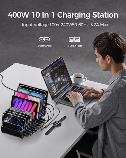 400W Charging Station for Multiple Devices, 10 Port Double PD 100W USB C Charging Station with 6 Cables, Multi-Device Organizer Fast Charging Dock for MacBook, iPad, iPhone, Cell Phone, Tablet