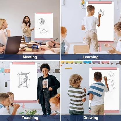 TSJ OFFICE Rolling Whiteboard Standing - 40 x 26 Inches Magnetic Mobile White Board with Stand, Height Adjustable Dry Erase Board on Wheels with Paper Clamp on Top, Pink