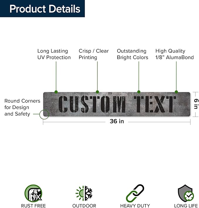 Custom Sign, Custom Street Sign, 11 Font Colors, 13 Font Styles, 4 Hole Options, 22 Sizes, 6x36 Inches, Rust Free DiBound, Fade Resistant, Made in USA by My Sign Center (Grunge Metal)