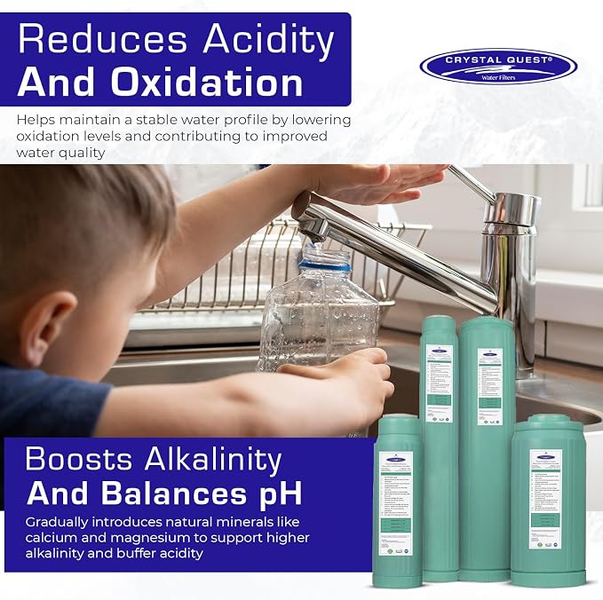Crystal Quest Alkalizer, Ionizer, Mineralizer & Oxidation Cartridge – Boosts pH & Alkalinity, Reduces Acidity & ORP, Enhances Taste with Essential Minerals, Long-Lasting Performance 4-5/8” x 9-3/4”