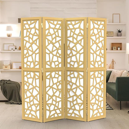 VINGLI 70'' H Room Divider, Non-Woven Fabric Privacy Screen, Indoor Partition Wall Dividers, Freestanding Hinged Space Separator with Modern Unique Pattern (Gold, 4 Panel)