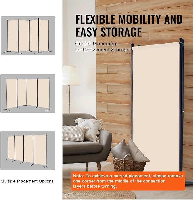VEVOR Room Divider, 4 Panel Room Divider, Folding Privacy Screen and Portable Partition Divider for Room Separation, Freestanding Room Partitions for Office, Bedroom, Study, Beige
