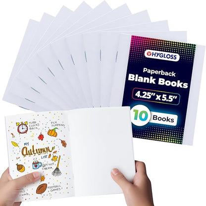 Hygloss Blank Books - Bulk 10 Pack – 4.25" x 5.5" A6 White Paperback Blank Books for Kids to Write Stories, Doodle, Arts & Crafts – Plain Drawing Sketchbook, Unlined Journal, Notebook Without Lines