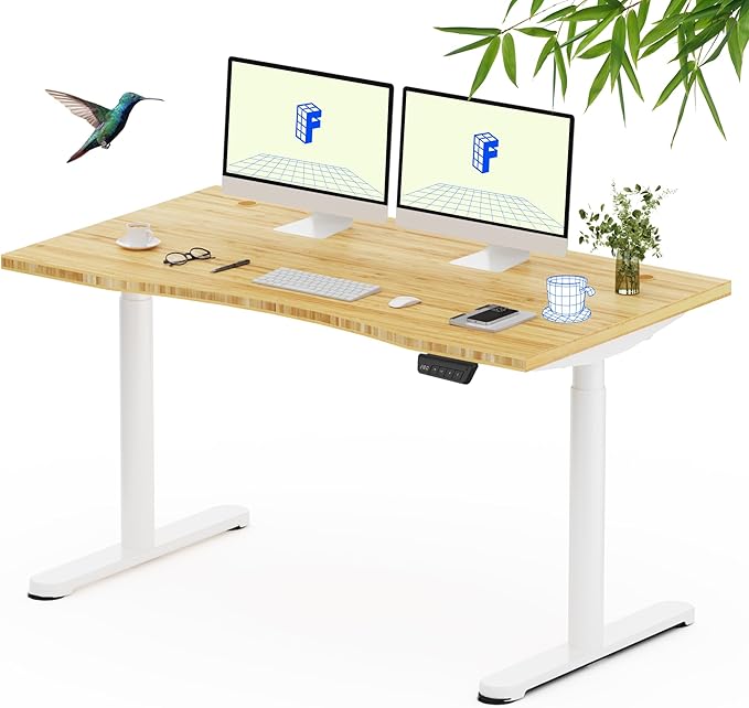 FLEXISPOT Bamboo Electric Standing Desk with Elegant Oval Legs & Curved Desktop, 55"x28" Height Adjustable Desk for Home Office & Living Spaces, White Frame