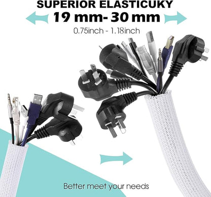 AGPTEK Cable Sleeve Cover, 6.6ft - 1.2 inch Desk Cord Organizer Cable Hider, Home Office Wire Management Computer TV Wire Loom Tubing, Pet Proof Cord Protector, from Cat Dog Chewing, White