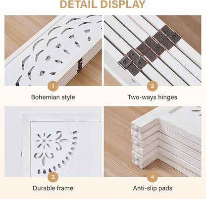 66.9Inch Wooden Room Partition - 6 Panels Boho-Styled Space Room Divider for Home/Office, Headboard & Yoga/Photo/Video Call Backdrop (White)