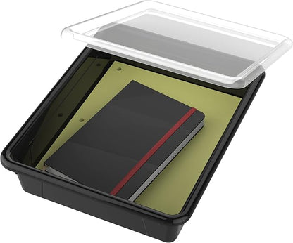 Storex Letter Size Flat Storage Tray – Organizer Bin with Non-Snap Lid for Classroom, Office and Home, Black, 5-Pack (62535A05C)