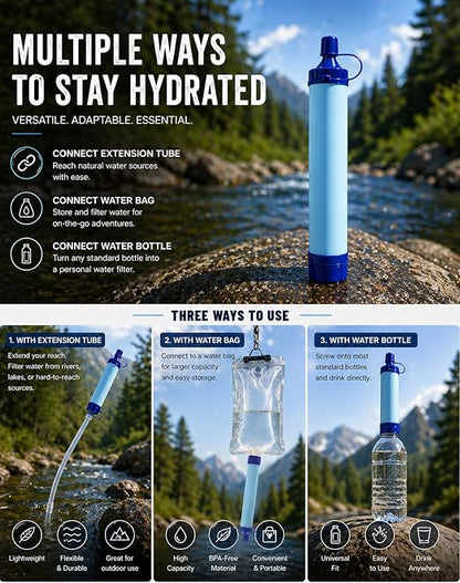 Water Filter, Lightweight Portable Water Filter Straw (3) | Emergency Survival Filtration System, Personal Water Purifier, Includes 480ml Reservoir & Tube, for Hiking, Camping, Travel