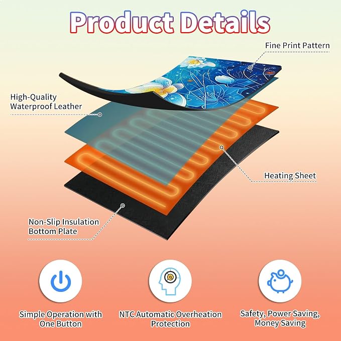 Heated Desk Pad Large Mouse Pad 23.6 x 14.1 inch with 3 Levels Heating & Auto Shut-Off Warm Mouse pad PU Leather Computer Mousepad for Home Office Work - Blue Lotus Flowers