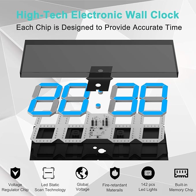 LED Large Digital Wall Clock, Oversize Wall Clock with 6” Numbers, Remote Control Count up/Countdown Timer Clock, Auto Dimmer, Big Calendar and Thermometer(Ice Blue)
