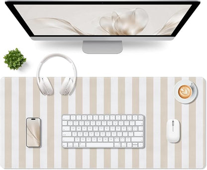 Beige Desk Mat Cute Kawaii PU Leather XXL Large Mouse Pad Striped Pastel Desk Pad Mat Laptop Computer Keyboard and Mouse Mat Home Office Decor for Women Girls