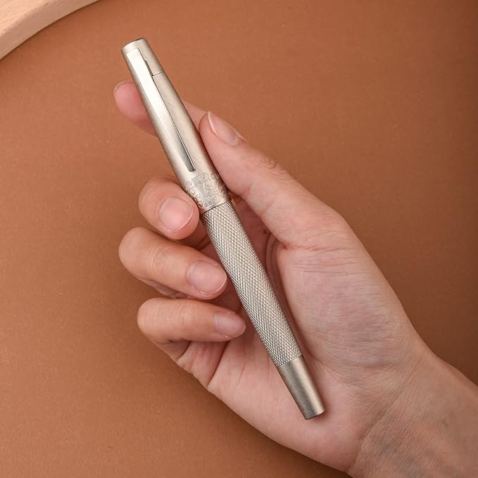 Hongdian 6013 Silver General Fountain Pen, Iridium Gold-silver Medium Nib Solid Metal Writing Pen with Metal Case
