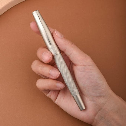 Hongdian 6013 Silver General Fountain Pen, Iridium Gold-silver Medium Nib Solid Metal Writing Pen with Metal Case