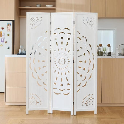 66.9Inch Wooden Room Partition - 3 Panels Boho-Styled Space Room Divider for Home/Office, Headboard & Yoga/Photo/Video Call Backdrop (White)