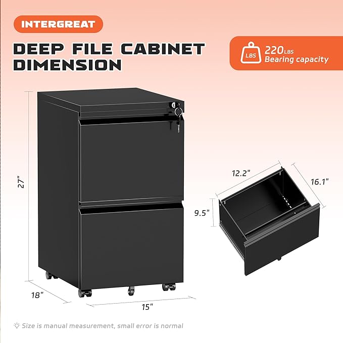 INTERGREAT Mobile File Cabinet with Lock,Under Desk Rolling Metal Filing Cabinet for Home Office, Black 2 Drawer File Cabinets with Wheels for Legal/Letter/A4 File
