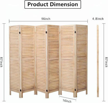 6 Panel Room Dividers and Folding Privacy Screens, Divider for Room Separation, Wood Louvered Divider Wall, Wooden Partition for Home Office Bedroom (Natural)