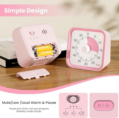 Visual Timer for Kids with Pause Function, 60 Minute Countdown Timer for Kids Desk Study, Teaching, Kitchen Cooking, Office Meetings, Time Management for ADHD (Pink)