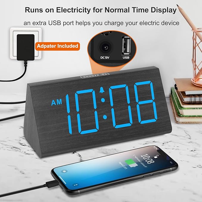DreamSky Wooden Digital Alarm Clocks for Bedrooms - Electric Desk Clock with Large Numbers, USB Port, Loud Alarm for Heavy Sleepers, Adjustable Volume, Dimmer, DST, Wood Décor Gifts, Adapter Powered