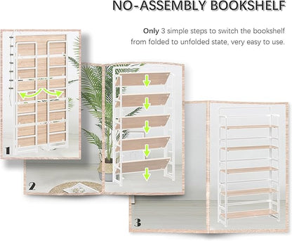 4NM No Assembly Extra Wide 5 Tiers Folding Bookshelf Storage Shelves Vintage Bookcase Standing Racks Study Organizer Home Office (Natural White)