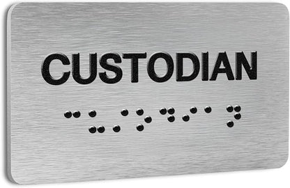 Custodian Signs for Business and Office Sign, ADA Signs with Raised Text & Grade 2 Braille, Easy Installation with Adhesive Pad – Brushed Aluminum/Silver