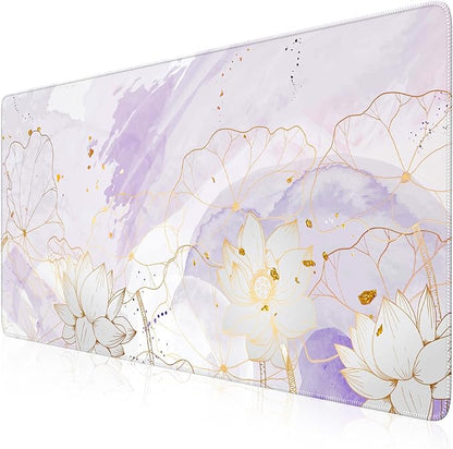 iCasso Desk Cover Mat, Extra Large Lotus Mouse Pad, Desk Pad Mat,Office Matt for Desktop Protector, Anti-Slip XXL Big Mousepad with Stitched Edges for Laptop Computer Keyboard(Purple Lotus Leaf)