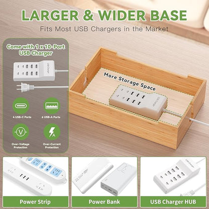 Pezin & Hulin Bamboo Charging Station for Multiple Devices, USB Charger Dock Organizer, with Power Supply (10 Ports HUB), 6 Cables, Cable Management Organizer for Cell Phones, Tablets -Natural Color