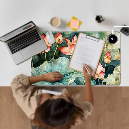 Heated Desk Pad Large Mouse Pad 23.6 x 14.1 inch with 3 Levels Heating & Auto Shut-Off Warm Mouse pad PU Leather Computer Mousepad for Home Office Work - Lotus Flower and Lotus Leaf