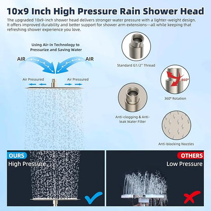Hibbent All Metal 10'' Filtered Rainfall Shower Head Combo, High Pressure Handheld Shower Wand, 12'' Adjustable Extension Arm, 20 Stage Shower Filter, 71'' Hose, Shower Head Holders, Brushed Nickel
