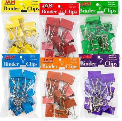 JAM PAPER Colorful Binder Clips - Large - 1 1/2 Inch (41 mm) - Assorted Binderclips - 6 Packs of 12