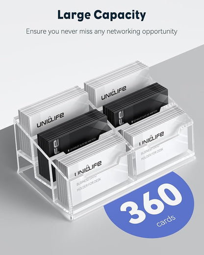 Uniclife Acrylic Business Card Holder for Desk 6 Slots Clear Business Card Display Stand for Men & Women Desktop Business Card Organizer Card Stand for Office Home Exhibition, 360 Card Capacity