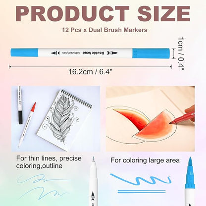 PATIKIL 12Pack Dual Brush Markers, Blue Watercolor Fine and Brush Tips Pens Colored Marker Calligraphy Coloring Art Supplies Set for Coloring Book Illustration Sketching Journaling