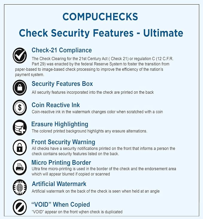Compuchecks Check on Top Blank Check Paper - 100 Pack, Quick-Books & Laser Printer Compatible - Security Business Checks with Voucher - 8.5" x 11" Steel Blue Pinstripe