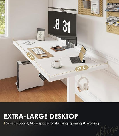 OffiGo 71 Inch Executive Electric Standing Desk, Height Adjustable Desk with Power Outlet & 1.38" Thick 3-Piece Desktop, Sit Stand Computer Desk for Home, Office, Conference Room, White
