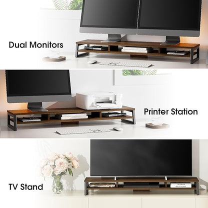 Fenge Dual Monitor Stand for Desk, 42.5in Large Monitor Riser for 2 Monitors, 2 Tier Computer Office Desk Top Shelf, Desktop Storage Stand for Laptop, PC, Computer, Printer