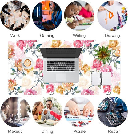 QIYI Floral Mouse Pad, Watercolor Flowers Desk Mat for Desktop, Women Girls Office Décor Accessories, PU Leather Waterproof Gaming Mousepad, Pink Yellow Peonies Desk Pad Computer Mat, 31.5" x 15.7"