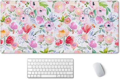 SSOIU Extended Gaming Mouse Pad (35.5x15.7 in), Large Stable Rubber Base Mousepad with Stitched Edges, Keyboard Mouse Mat Desk Pad for Work, Game, Office, Home - Watercolor Floral Botanical Pattern